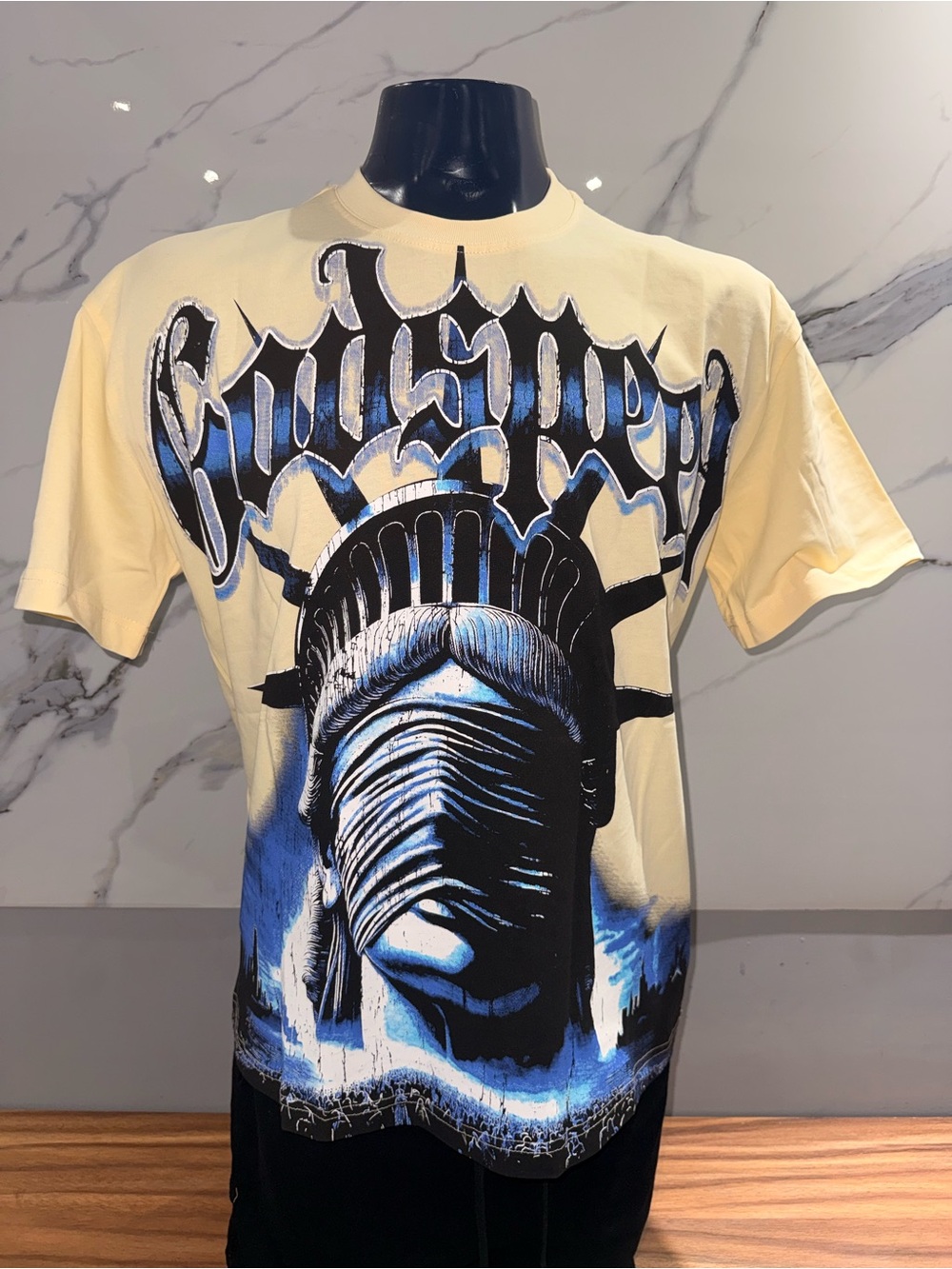 Godspeed Yellow Graphic Men’s T-Shirt with Blue Statue Print